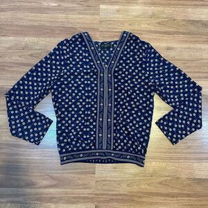 Max Studio London Sheer V-Neck Peasant Top Shirt | Women Size Large